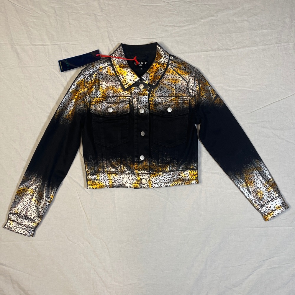 VBRT Womens Metallic Leopard Print Ombre Black Denim Cropped Jacket Small NWT